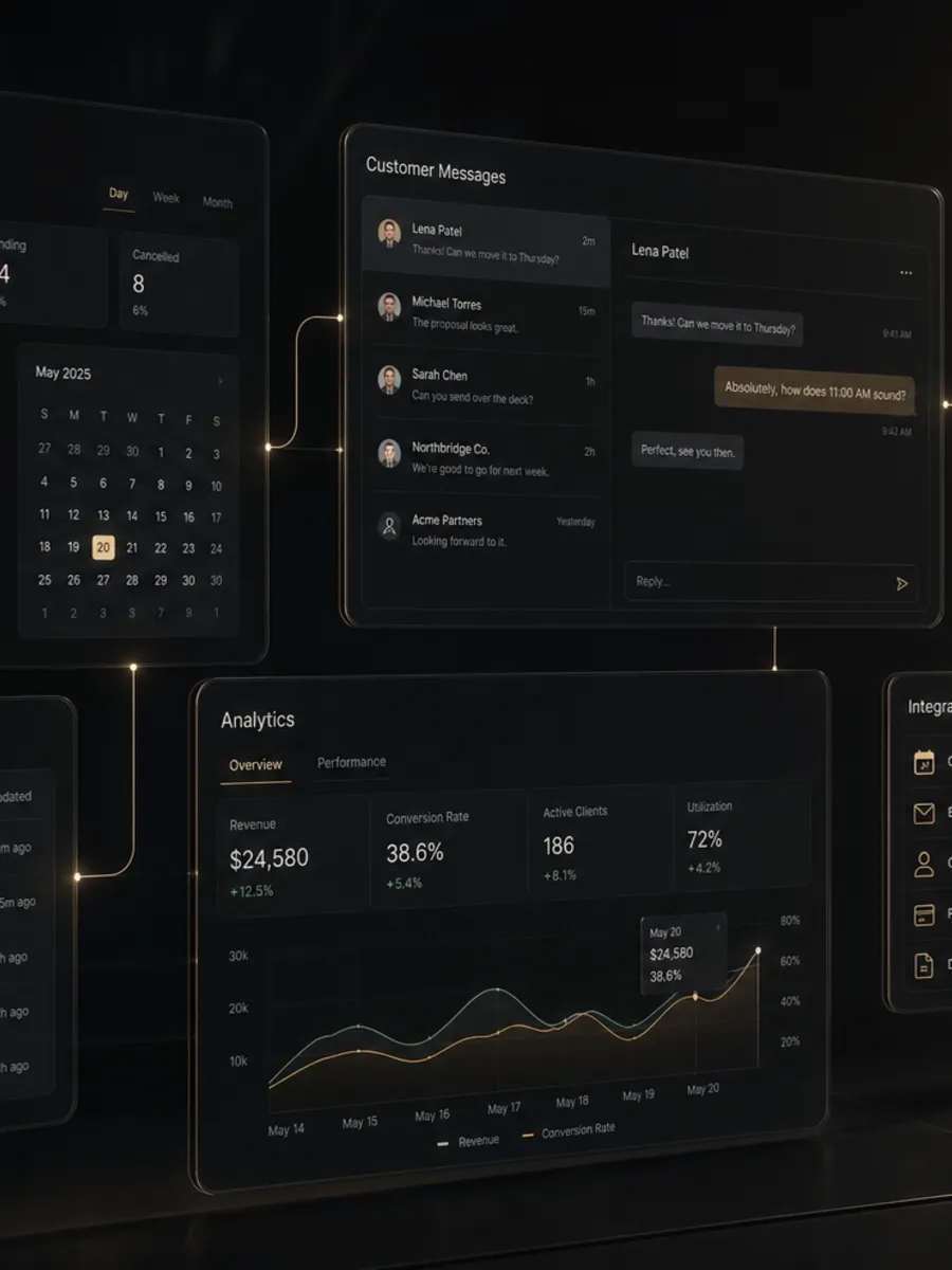Connected business dashboards for bookings, messages and analytics