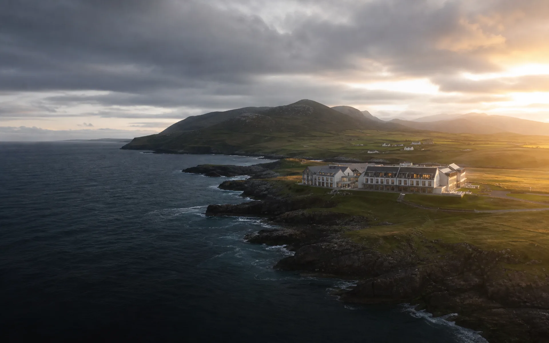 Aerial view of a coastal hospitality property in Kerry