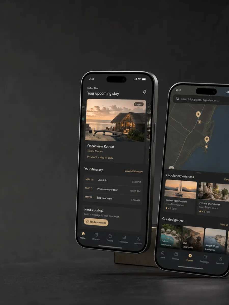 Premium mobile app product interface on two smartphones and a dashboard