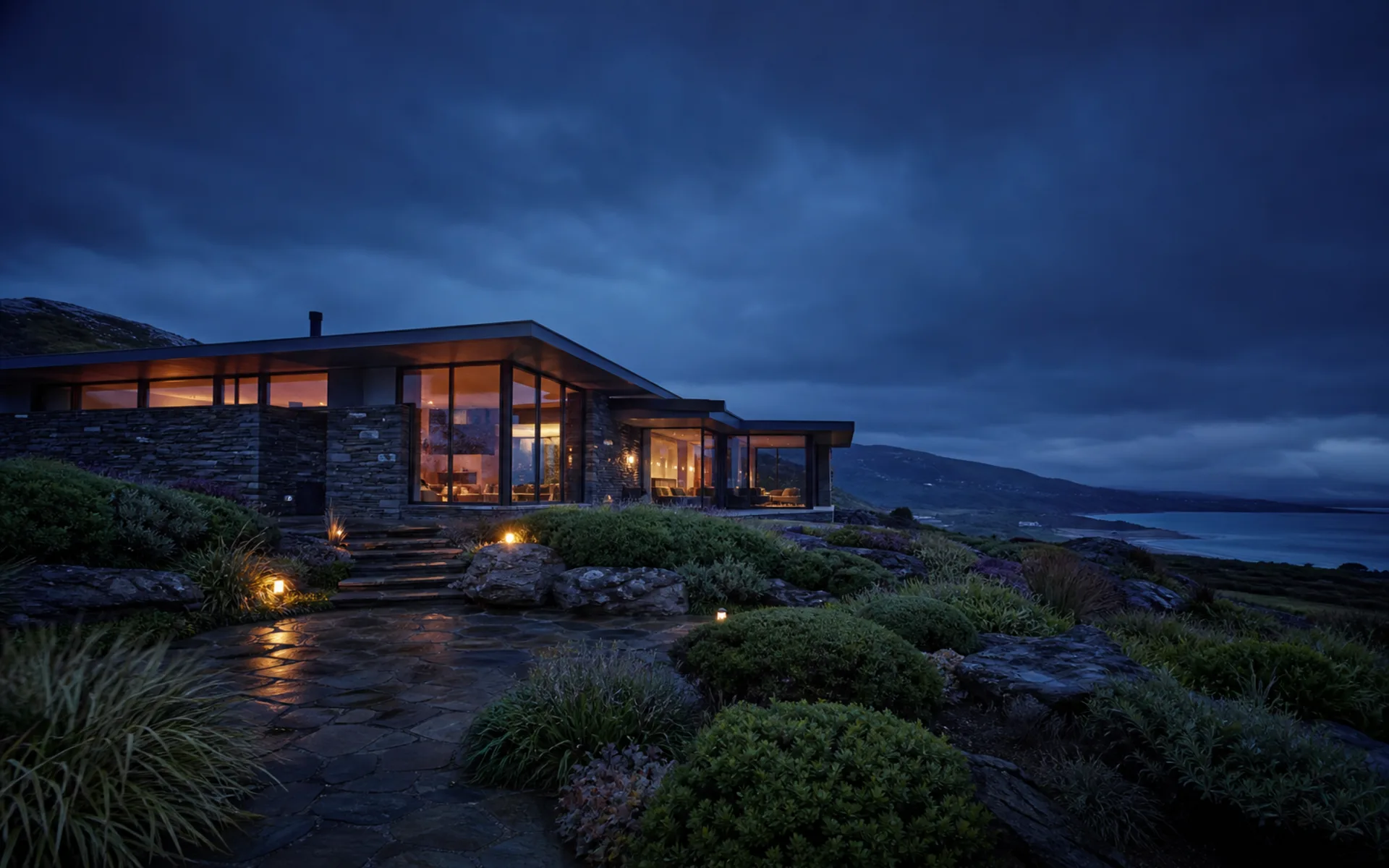 Modern coastal residence at blue hour