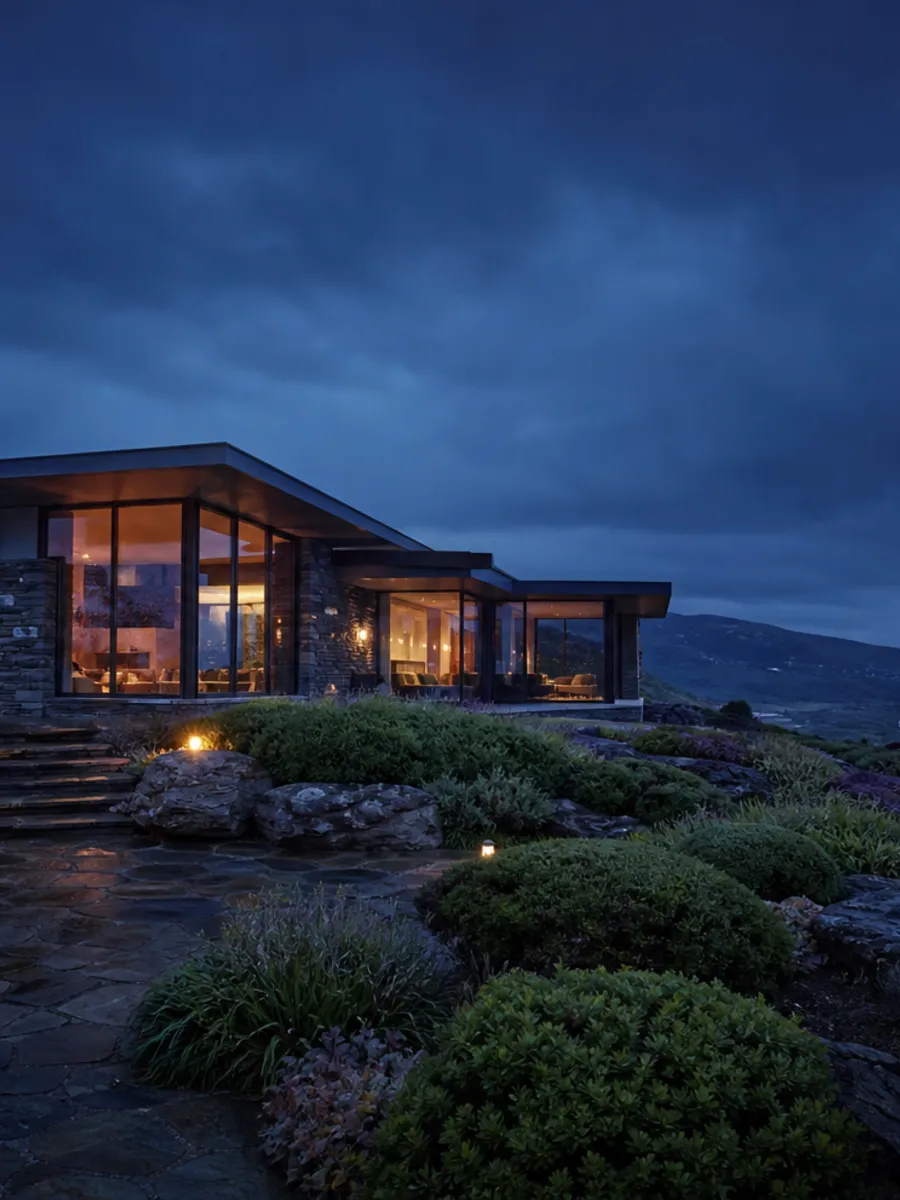 Modern coastal residence in Ireland at blue hour
