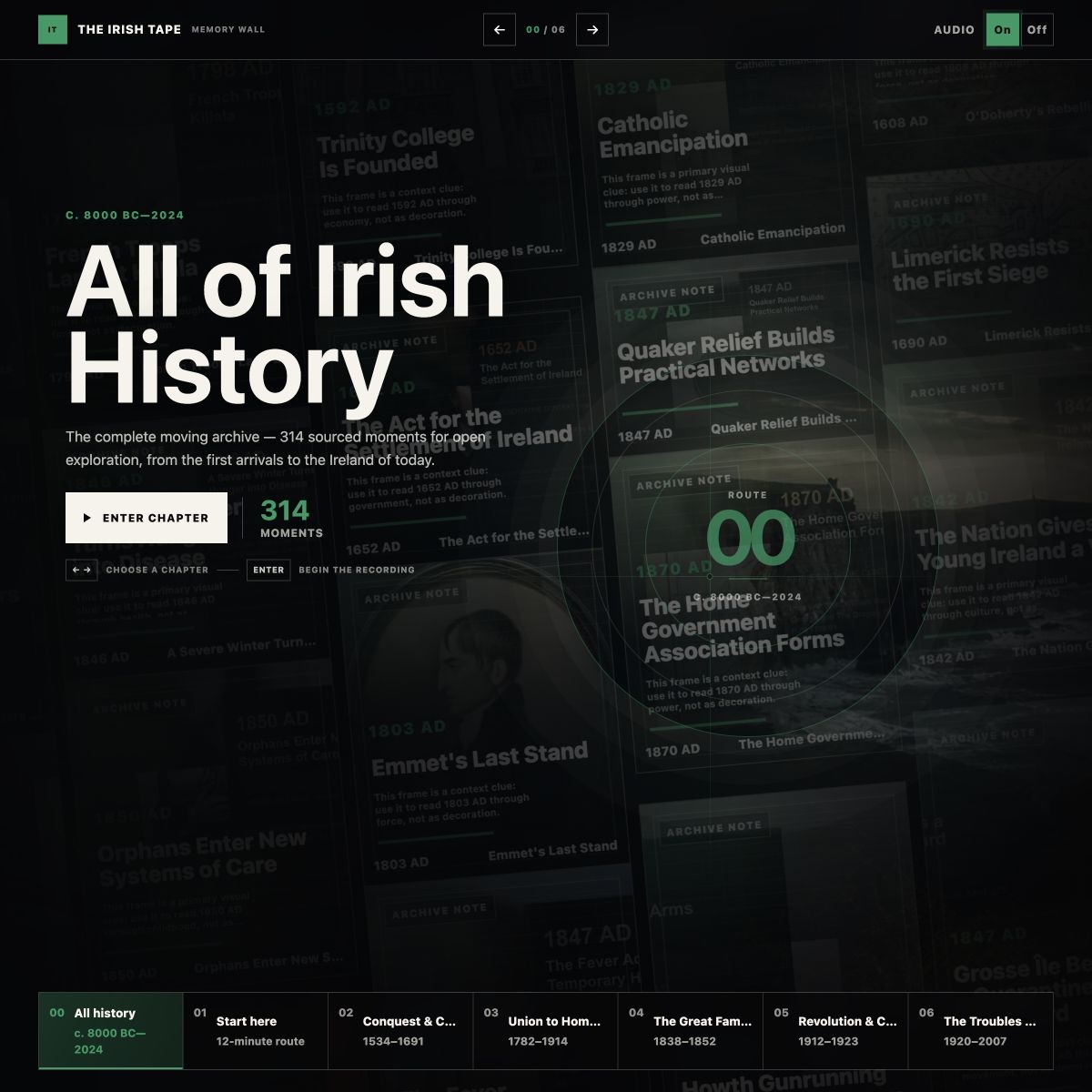 Irish Tape immersive history interface showing the 314-moment archive landing screen